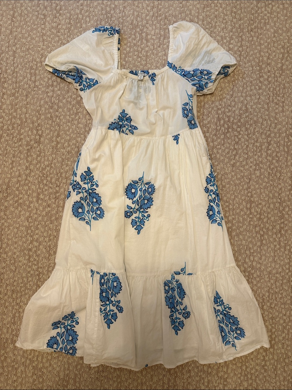 J. Crew White Dress with Blue Floral Print - Puff Sleeve Midi Size 2